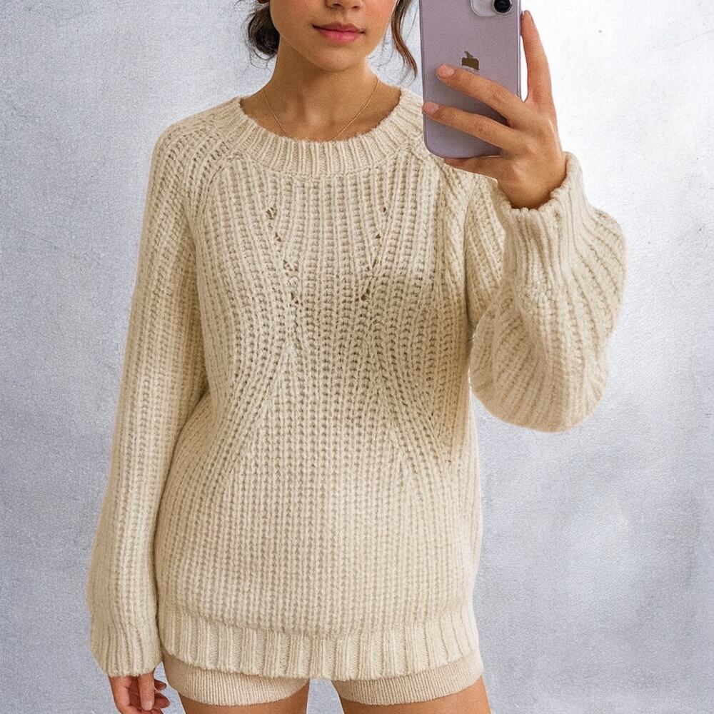 Anine Bing Italian Made Chunky Knit Wool Blend Cream Fisherman Sweater XS